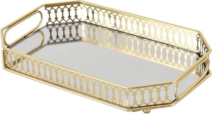 Vintage Gold Mirrored Vanity Mirror Tray Decorative Perfume and Makeup Organizer with Handles for Dresser,Bathroom or Jewelry Display(Small Size)