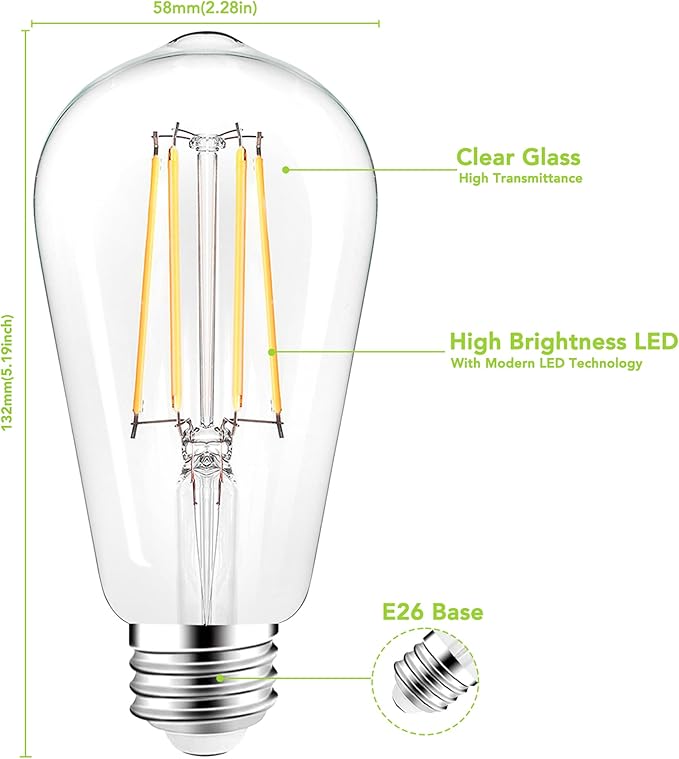 PARTPHONER LED Light Bulbs Dimmable Vintage Edison Bulb, E26 LED Bulb 60W Equivalent 720 Lumens, Neutral White 4000K, ST58 Antique LED Filament Bulb CRI 85+, Clear Glass, Pack of 12