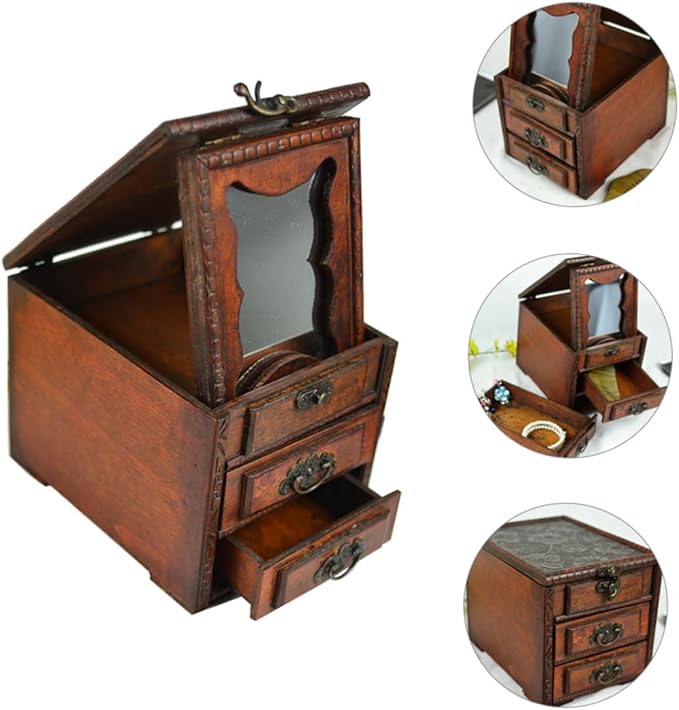 Mobestech Vintage Chinese Jewelry Box with Mirror Elegant Wooden Jewelry Organizer for Women Storage for Earrings Necklaces and Special Occasions