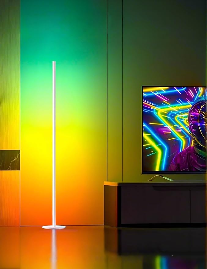 White Corner Floor Lamp 1 Pair, LED Corner Lamp with Remote Control, APP Control 16 Million Colors, Timing, Color Changing Ambient Lighting for Living Room, Bedroom, Gaming (Only One Adaptor)