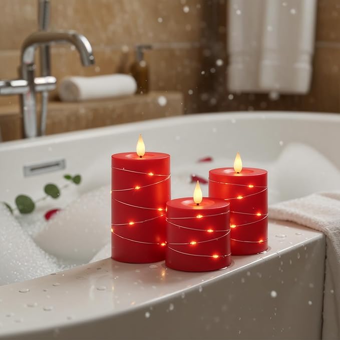 Raycare Flameless Candles with Remote Timer, Flickering Battery Operated LED Pillar Fake Candle with String Lights for Home Decor, Christmas, Wedding and Gift, Red, Set of 3