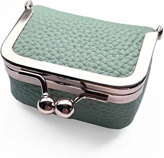 Genuine Leather Mini Jewelry Box for Women, Square Coin Purse with Kiss Lock, Jewelry Organizer Travel Case (Small, Mint Green)