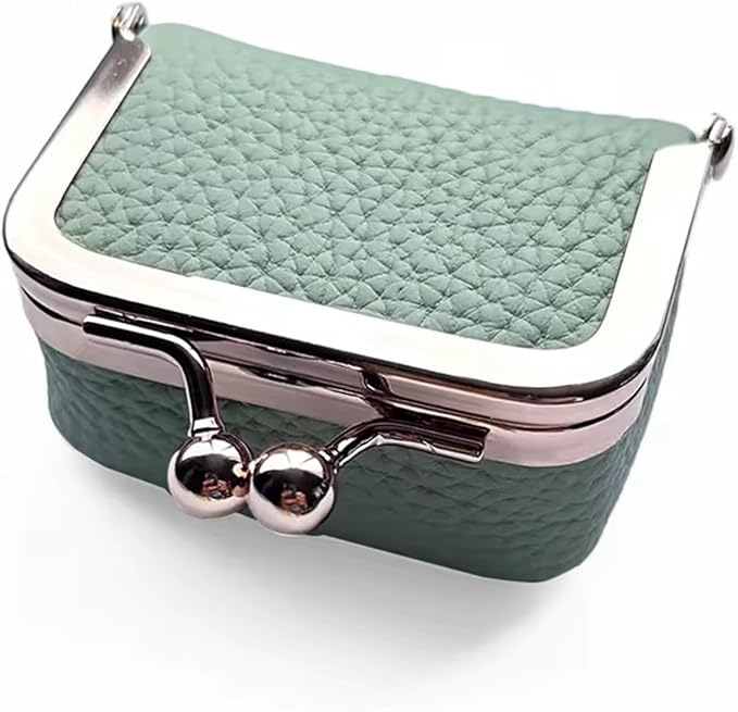 Genuine Leather Mini Jewelry Box for Women, Square Coin Purse with Kiss Lock, Jewelry Organizer Travel Casee (Medium, Mint Green)