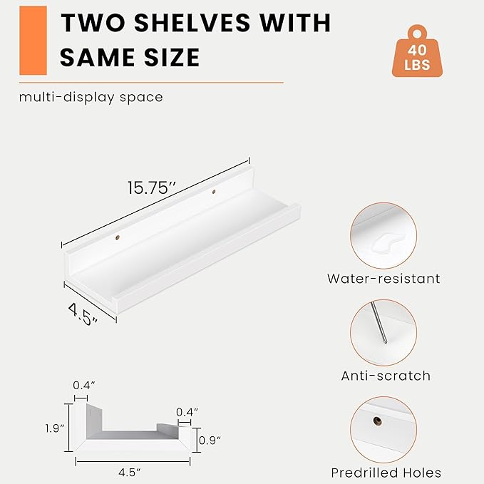Heimlove Picture Ledge Shelf, Small Floating Shelves Set of 2, 16 Inches Picture Shelf for Wall with Ledge, Kids Bookshelf Wall Mounted for Living Room Bedroom Decor Books Photo Frames, White