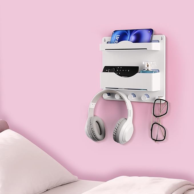 JUMEIHUI Bedside Wall Shelf with Glasses Hooks ，Adhesive Bedside Organizer Wall Mount for Dorm and Room Accessories Phone，Remote，Earphone， Kindle (White)