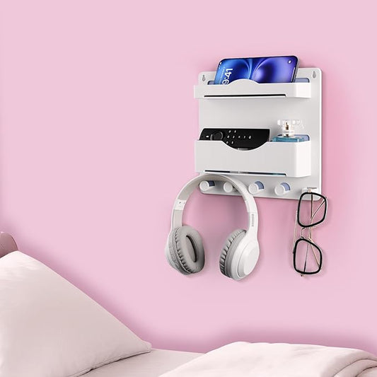 JUMEIHUI Bedside Wall Shelf with Glasses Hooks ，Adhesive Bedside Organizer Wall Mount for Dorm and Room Accessories Phone，Remote，Earphone， Kindle (White)