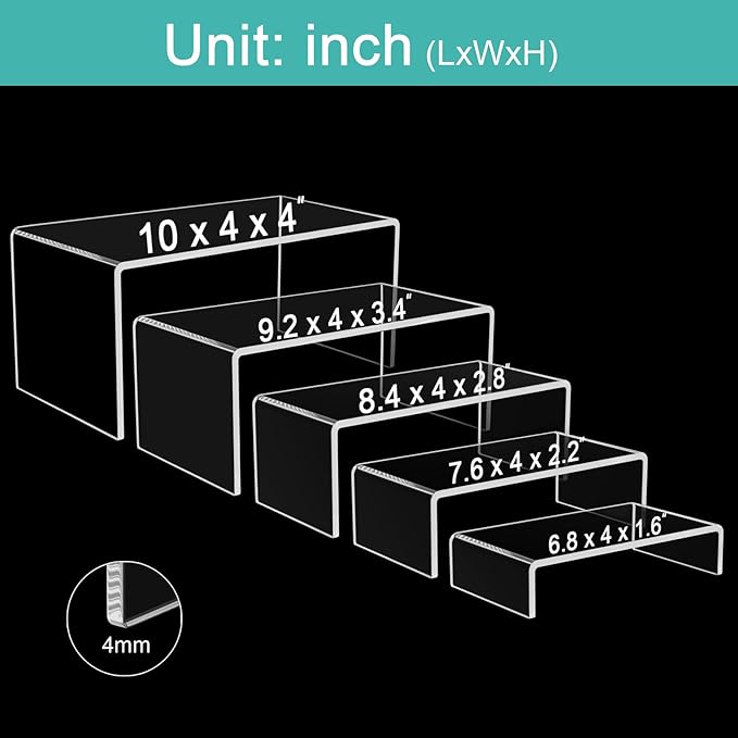 5PCS acrylic display stand, Acrylic Display Risers, 5 Sizes Clear Product Stand, Jewelry Display Riser Shelf Showcase Fixtures For Collectibles Display, Figure Display