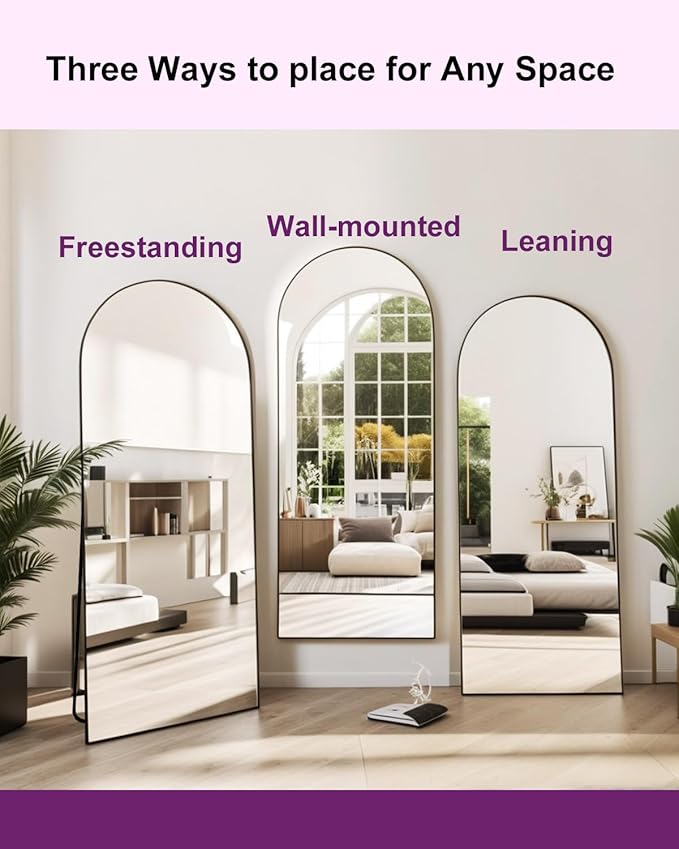 DMWOODFL 58"x18" Arched Full Length Mirror - Wall/Floor Mounted with Stand, Shatter-Proof Glass & Aluminum Frame, Large Body Mirror for Bedroom, Living Room, Entryway or Cloakroom, Black