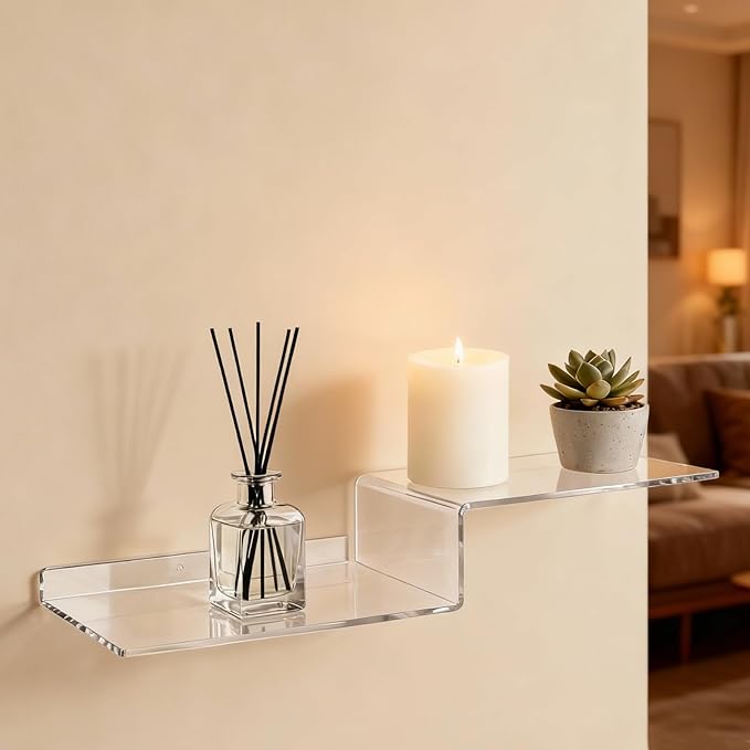 SetGame 2-Pack Acrylic Shelves Z-Shaped Display Stand Wall Mounted, 12 Inch Wall Storage Organizer for Toys, Books, Plants, Photos Album, Suit for Office, Living Room, Room Decor (Clear)