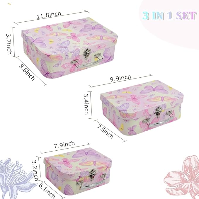 Paperboard Suitcases Set of 3 Decorative Storage Boxes with Lids, Mini Suitcases, Cute Boxes (Butterfly)