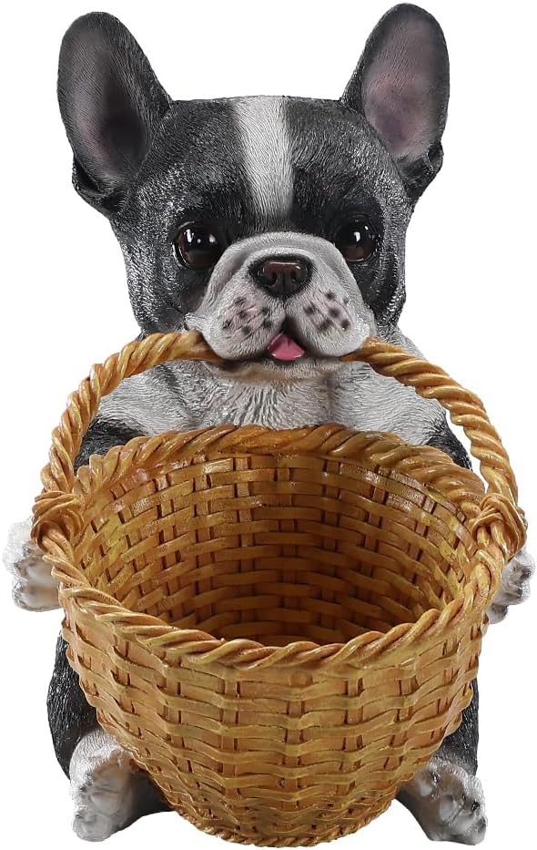 Dog Resin Storage Basket, Desktop Organizer for Remote & Keys, Cute Home Decor Tray, Ideal present for Pet Lovers.(French Bulldog Biting Basket)