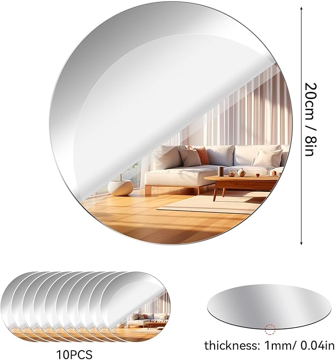 Fantasyon Acrylic Round Mirrors Self Adhesive Non Glass Mirror Circle Wall Mirror Clear Wall Sticker Decals for Wedding Table Centerpiece and Home Living Room Bedroom Wall Decor (7.9 inch/10 pcs)