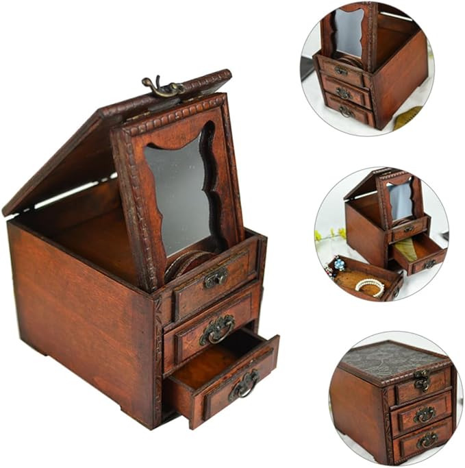 OUNONA Vintage Chinese Jewelry Box with Mirror Multi Functional Jewelry Storage Organizer for Makeup and Accessories Dustproof Wooden Case Ethnic Style Vanity Decor Gift