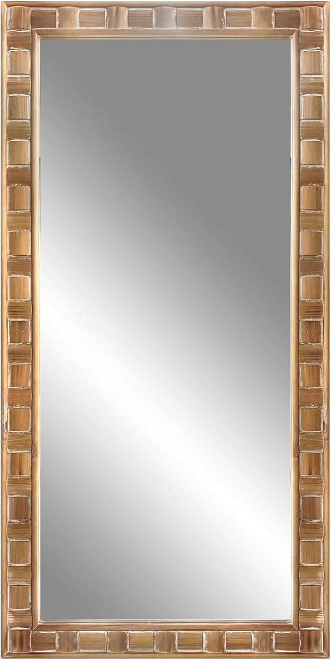 POZINO Full Length Mirror with Solid Wood Frame, 65"X30" Farmhouse Wooden Floor Mirror for Dressing, Large Rustic Rectangle Wall Mirrors for Living Room Bathroom Bedroom, Horizontal Or Vertical