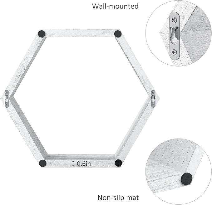 YBING Hexagon Floating Shelves Wall Mounted Set of 6 Honeycomb Shelves Wood Hexagonal Storage Hanging Shelves Farmhouse Wall Decor Floating Shelves for Bedroom Living Room Grey-White