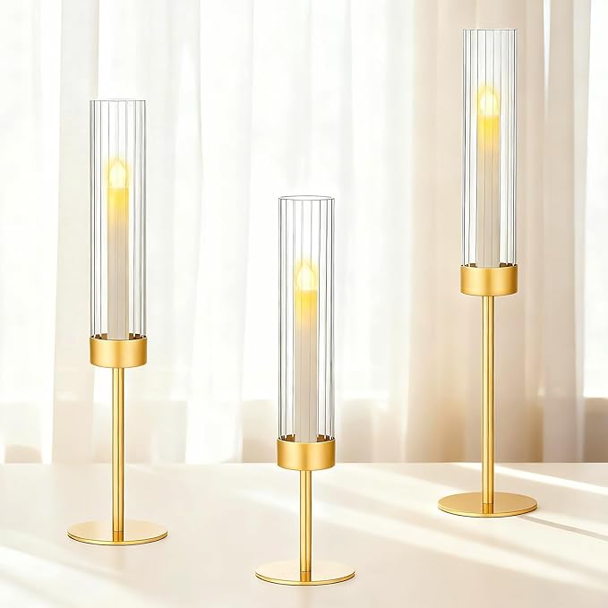 Ninonly Hurricane Candle Holders Set of 3, Tall Brass Candlestick Holders Metal Glass Candle Stands for Wedding Christmas Party Home Table Centerpiece Decorations