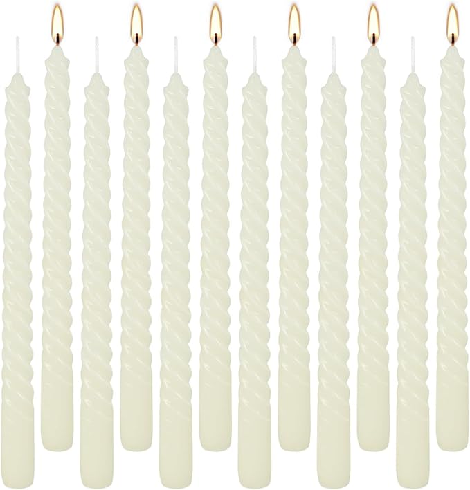 WPONSZU 10 Inch Ivory Spiral Taper Candle Set of 12 Pack Unscented Dripless Candlesticks for Valentine's Day,Dinner,Party,Brithday,Wedding,Christmas,and Home Decoration
