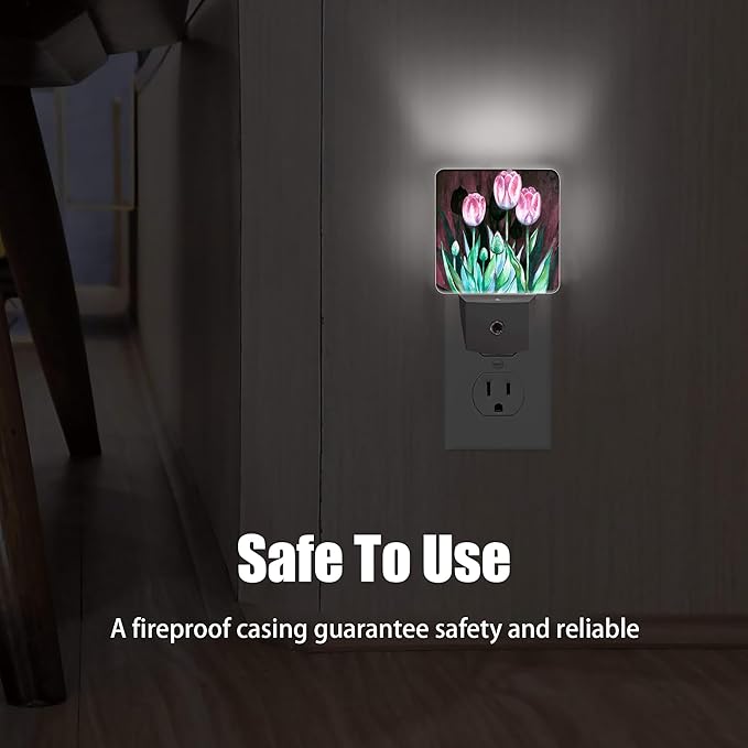 Pink Tulips on Dark Night Light, Dusk to Dawn Smart Sensor Nightlight for Bedroom Bathroom Kitchen Hallway Stairs Hallway, Plug-in, Energy Efficient Decor Desk Lamp Gifts