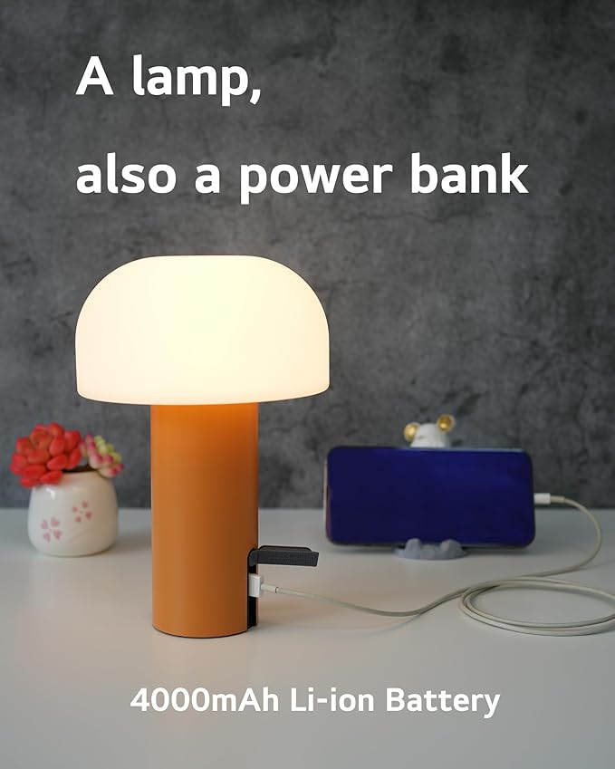 Outdoor Mushroom Table Lamp Rechargeable, Cordless Lamps for Patio Waterproof, Portable Battery Operated Lamp with USB Charging, Touch Dimming Night Light for Home/Porch/Restaurant (Orange)