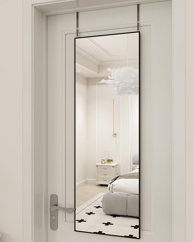 BEAUTYPEAK 14" x 48" Adjustable Height Over The Door Mirror, Rectangular Full Length Hanging Door Mirror with Shatterproof Tempered Glass Aluminum Alloy Frame for Dormitory, Black