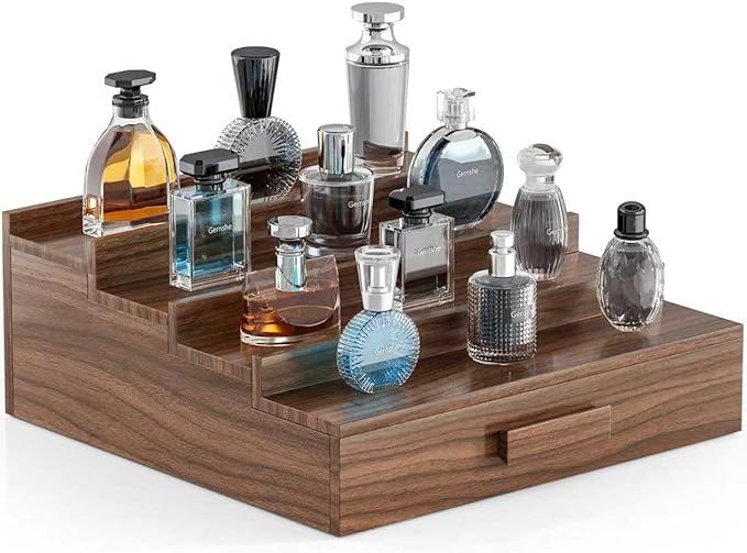 Solid Walnut Cologne Organizer for Men,Cologne Stand,4 Tier Wooden Cologne Holder Shelf Display,Perfume Stand Organizer with Drawer Storage and Hidden Compartment,Gift for Men Dad Husband