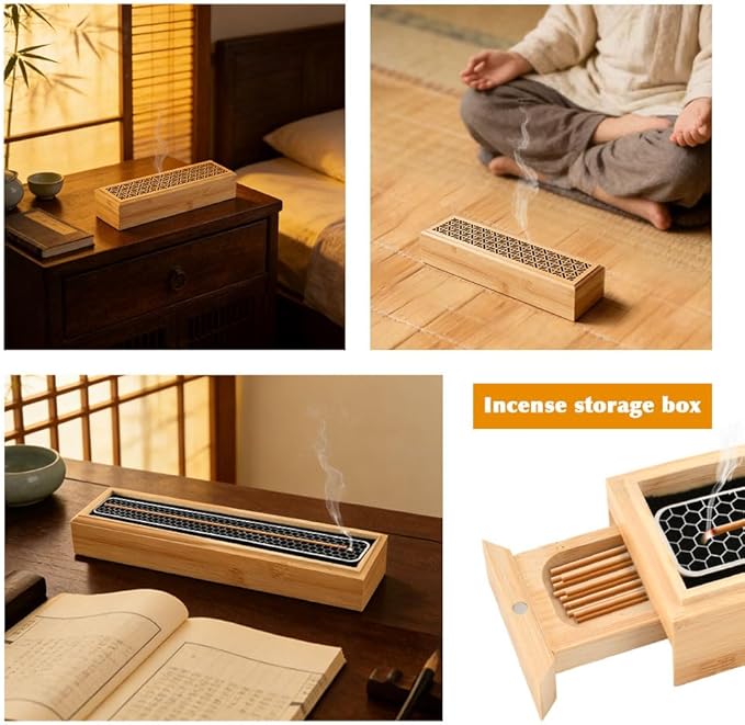 Incense Holder Burner, Coffin Double Layer Wooden Ash Catcher with Storage Drawer & Lid, Includes Zen Brush and Incense Stand for Meditation, Yoga Room, Home, Office