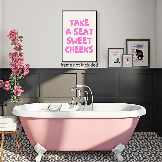 abrtolpffo Pink Take A Seat Sweet Cheeks Canvas Wall Art, Cute Quotes Aesthetic Poster for Room, Funny Bathroom Wall Decor, Trendy Girly Light Pink Restroom Picture Print 24x36in Unframed
