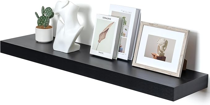 FLYJOE 48 Inch Black Floating Shelf | 12 Inch Deep Floating Shelves Set of 1 | 48" D x 12" D Rustic Wood Shelves for Wall | Deep Black Shelves for Living Room Bathroom Laundry Room Kitchen