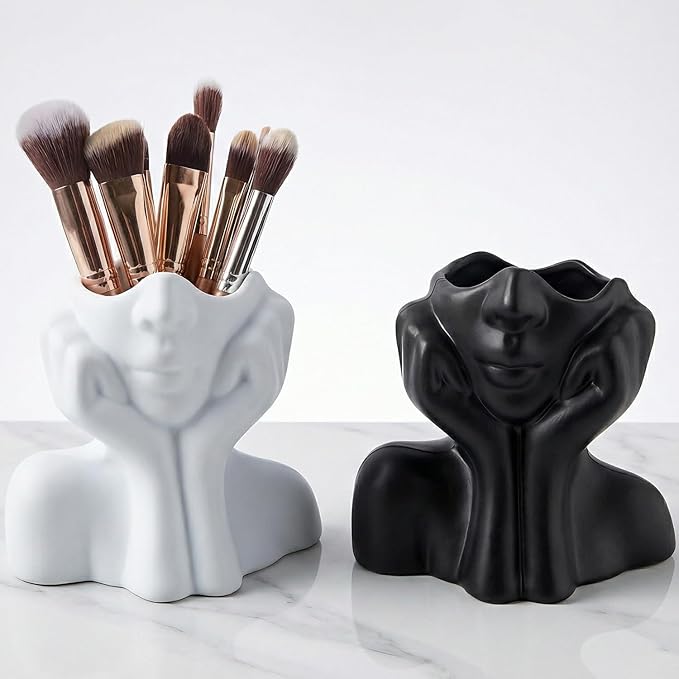 Face Vase – Small Human Body Art Vase in Resin,Women’s Head Shape for Flowers, Makeup Organizer & Desk Decor (Black)