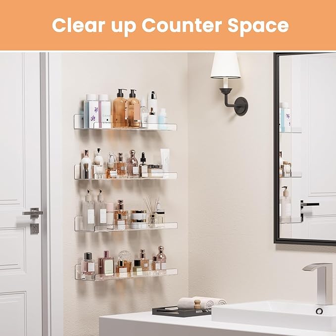 Acrylic Shelves for Bathroom Storage, 15" Floating Shelves Wall Organizer for Perfume, Make up, Skincare, Kids Bookshelf for Bedroom, Nursery, Living Room Decor, Clear 4 Pack
