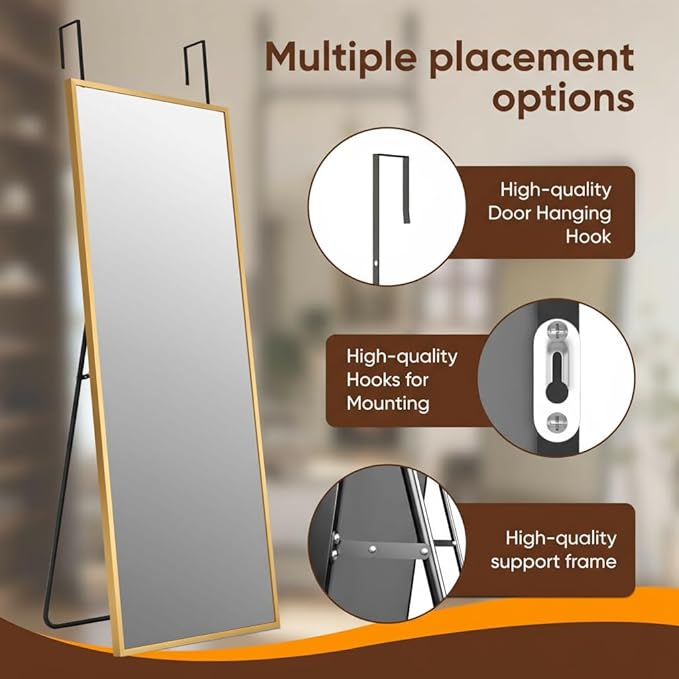 Antok 48''x 14'' Full Length Mirror Over Door, 4-in-1 Standing Leaning Wall Mounted, Adjustable Hanging Mirror for Bedroom Living Room, Gold, Rect Corner