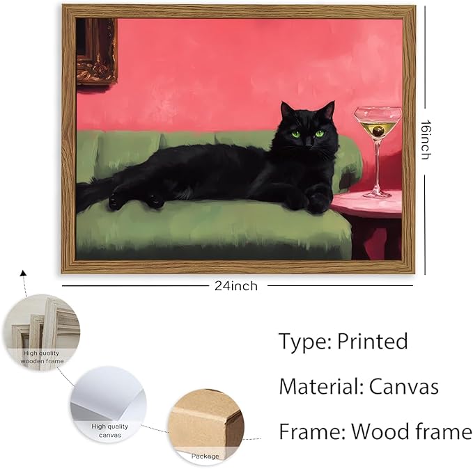 Cute Black Cat With Martini Wall Art Funny Animal Wall Decor Quirky Whimsical Cocktail Bar Cart Canvas Painting Poster Prints Pet Lover Picture Aesthetics for Bedroom Living Room Framed 16x24 inch
