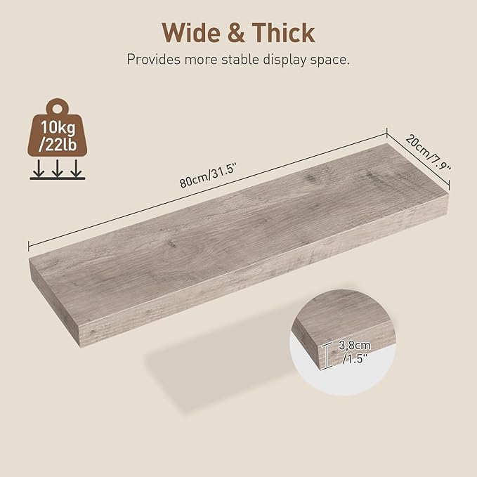 RALGEND Floating Shelves for Wall, 1.5" Thick Wall Shelf Set of 3 with Invisible Brackets, L31.5 x W7.9 Hanging Book Shelves Farmhouse Home Decor for Bathroom, Living Room, Bedroom, Greige 8301BJP3BG