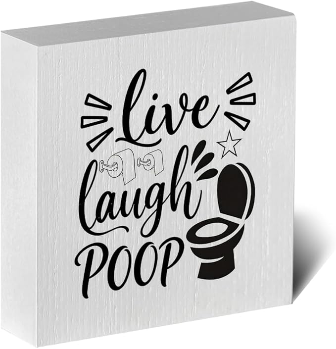 Funny Rustic Bathroom Decor Wooden Box Sign 5x5 Inch - "Live, Laugh, POOP" Humorous Restroom Shelf Wall Countertop Ornament, Farmhouse Style Decor for Guest Bathroom & Housewarming Gif
