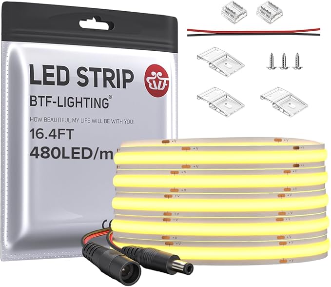 BTF-LIGHTING FCOB COB LED Strip Flexible High Density Uniform Light 9W/m 16.4FT DC12V Natural White 4000K CRI 90+ 8mm Width Dimmable LED Ribbon for Indoor Decor(No Adapter or Controller)
