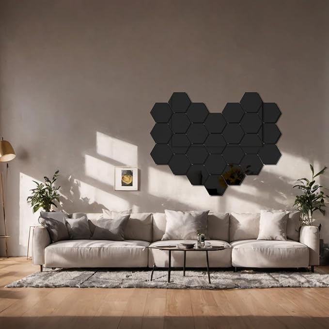 Black Hexagon Mirror Centerpieces for Tables, 10’’ Acrylic Peel and Stick Mirror Backsplash Acrylic Hexagon Centerpiece Plates for Wedding, Birthday Party, Christmas, Wall Decor 12 PCS