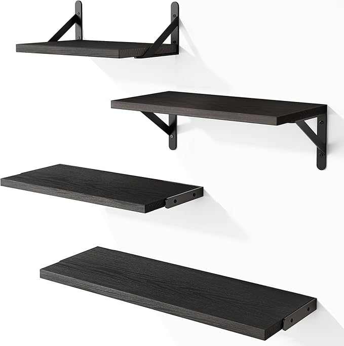 YGEOMER Wall Shelves, Black Wall Floating Shelves Different Sizes for Living Room, Bathroom, Bedroom, Kitchen, Home Decor (Set of 4)