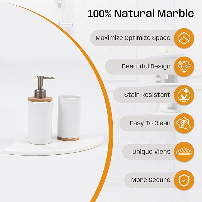 2 Pcs Gold Marble Corner Shower Shelf, 9 Inch Wall Mounted Marble Corner Shelves for Shower Bathroom Kitchen, Polished