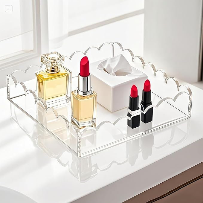 Scalloped Acrylic Tray with Magnetic Mat - 8x8in Clear Display & Organizer Tray, Art & Notes | Non-Slip Base | Elegant Décor & Organizer for Jewelry/Cosmetics，Modern Desk Décor Gift