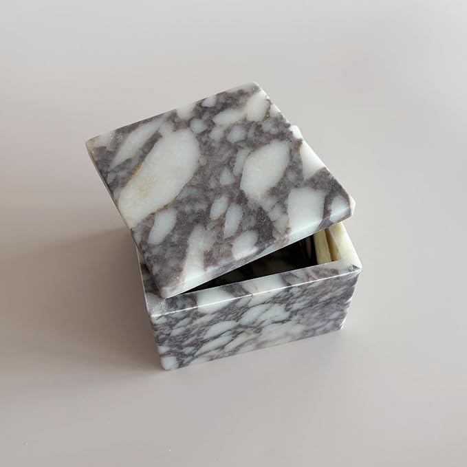 Natural Marble Ring Jewelry Box Cotton Swab Storage Box with Lid Storage Box (Calacatta Violet)