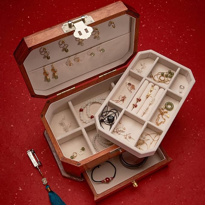 Makeup Organizers Chinese Style Vintage Jewelry Box Wooden 3-Layer Storage Box Cosmetic Box Ring Earring Necklace Bracelet Watch Storage Box 10.11 Inches Jewelry Case