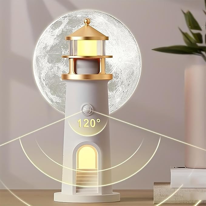 IFTHFOUR Moon Lighthouse Projector Night Light with Motion Sensor - Rechargeable LED Galaxy Table Lamp, Moon Lamp for Kids, Bedroom, Nursery Decor - Perfect Christmas, Birthday Gift for Boys & Girls