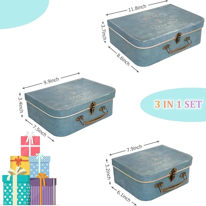 Paperboard Suitcases, Vintage Decorative Box Set of 3 Storage Boxes with Lids, Cardboard SuitcaseS, Memento Box Keepsake Box Photo Storage Box Hat Boxes Home Decoration, Vintage Suitcases (Blue)
