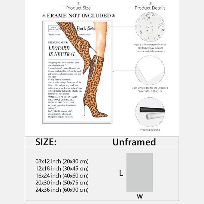 Trendy Newspaper Posters Vintage Leopard Boots Poster Feminist Canvas Prints Retro Fashion Bar Cart Magazine Cover Wall Art for Hot Girl Preppy Y2k Aesthetic Room Home Decor 24x36inch Unframed