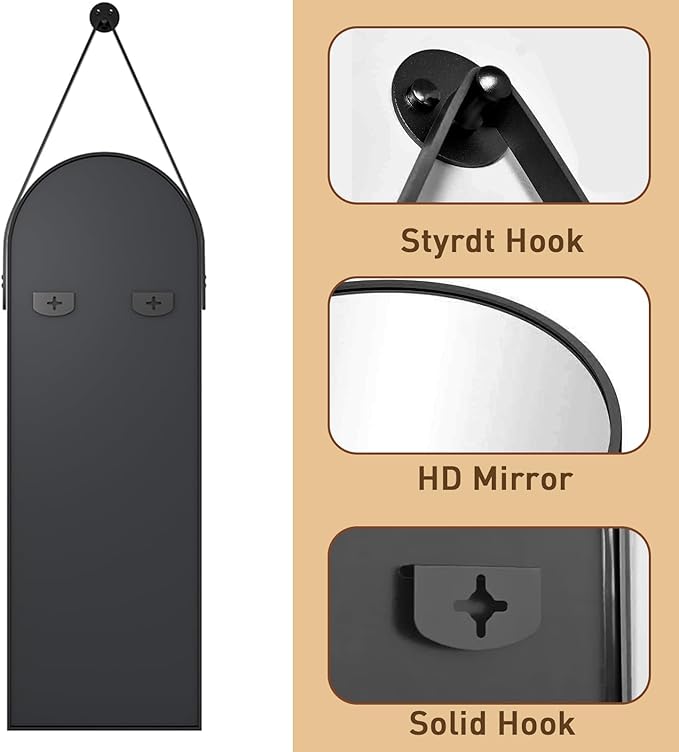 Full Length Mirror, Arched Wall Mounted Mirror, 48"x16" Door Mirrors with Hanging Leather Strap, Wall Mirrors Full Length with Aluminum Frame for Bathroom Living Room Entryway (Black)