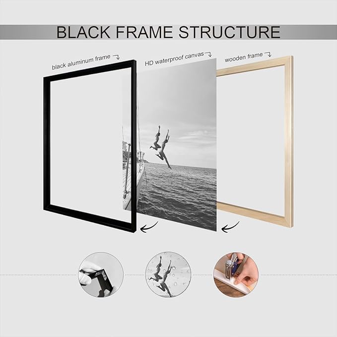 Retro Black And White 80s Trendy Wall Art Black And White Women Jumping Into Water Poster Summer Ocean Jump Sail Boat Yacht Wall Decor For Girl Room Beach Lovers Life 12x16in Wrapped Canvas