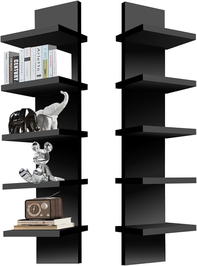 5 Tier Wall Shelf Unit, Decorative Wall Mount Vertical Shelving, Smooth Laminate Finish, Floating Storage Home Decor Organizer Tall Tower Design Utility Shelf for Bedroom Living Room (Black)