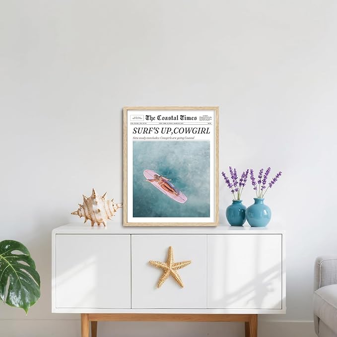 Bwodke OAK Wood Framed Wall Art Coastal Trendy Cowgirl Canvas Art Vintage Newspaper Pictures Wall Decor Surfer Up Vintage Bar Cart Prints Trendy Artwork for Girly Dorm Bedroom 16"x20"