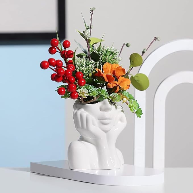 White Ceramic Vase Creative Human Body Art Design Multi Functional Office Desktop Organizer Pen Holder Makeup Brush Holder Home Decor Vase for Flowers Boho Ceramic Vases Stylish Decorative Accent (A)