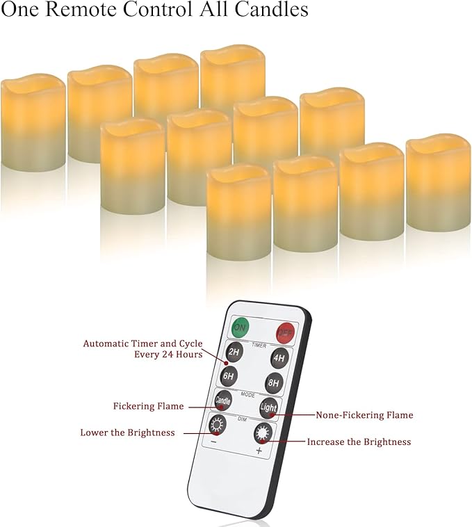 Vinkor Flameless Candles Battery Operated Candles Real Wax Pillar LED Candles with 10-Key Remote and Cycling 24 Hours Timer (Ivory Set of 12 （D: 3" x H: 4"）)